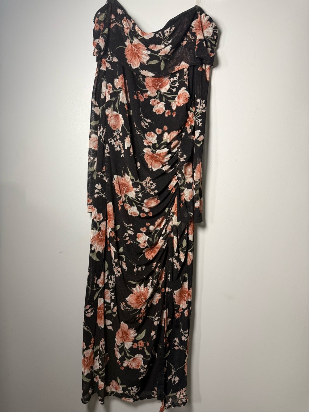 Off-Shoulder Black Maxi Dress with Peach Floral Print